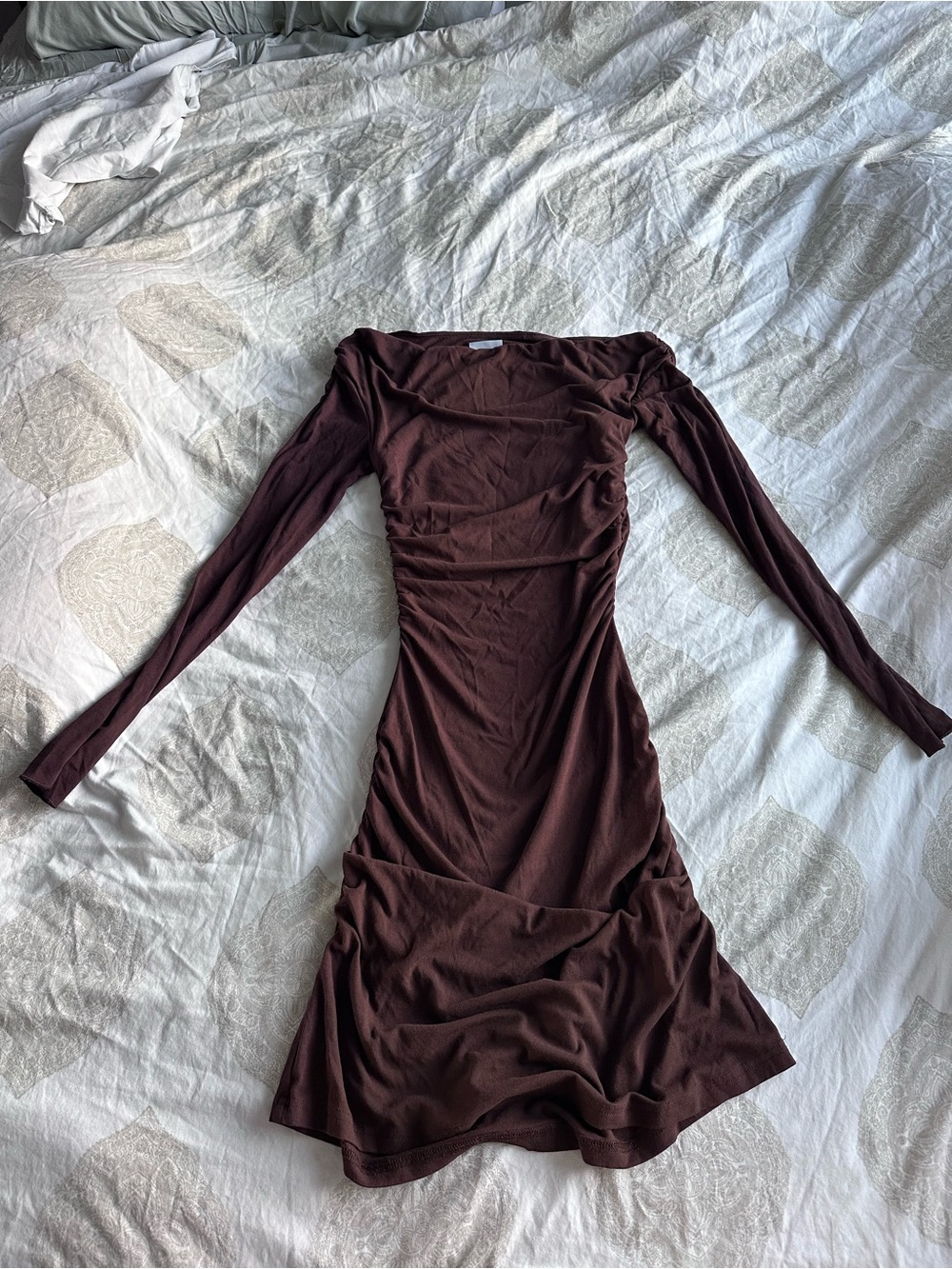 Off-Shoulder Long Sleeve Chocolate Brown Dress